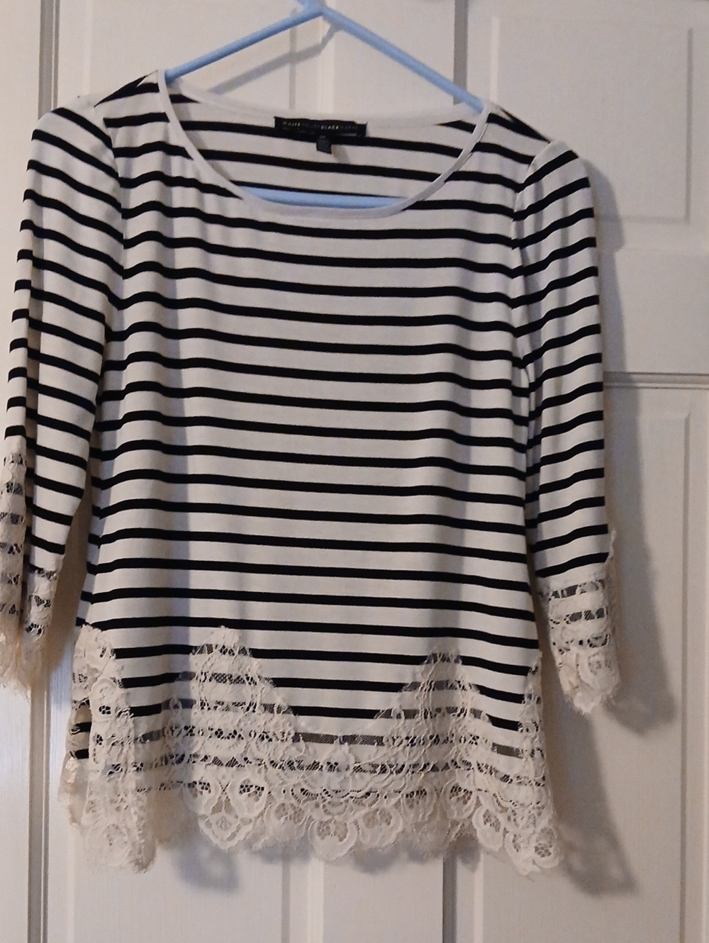 White House Black Market Black & White Striped Lace-Trim Tunic